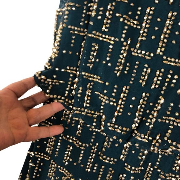 Cache Teal Green Gold Beaded Dress Size 0 - Picture 6 of 7